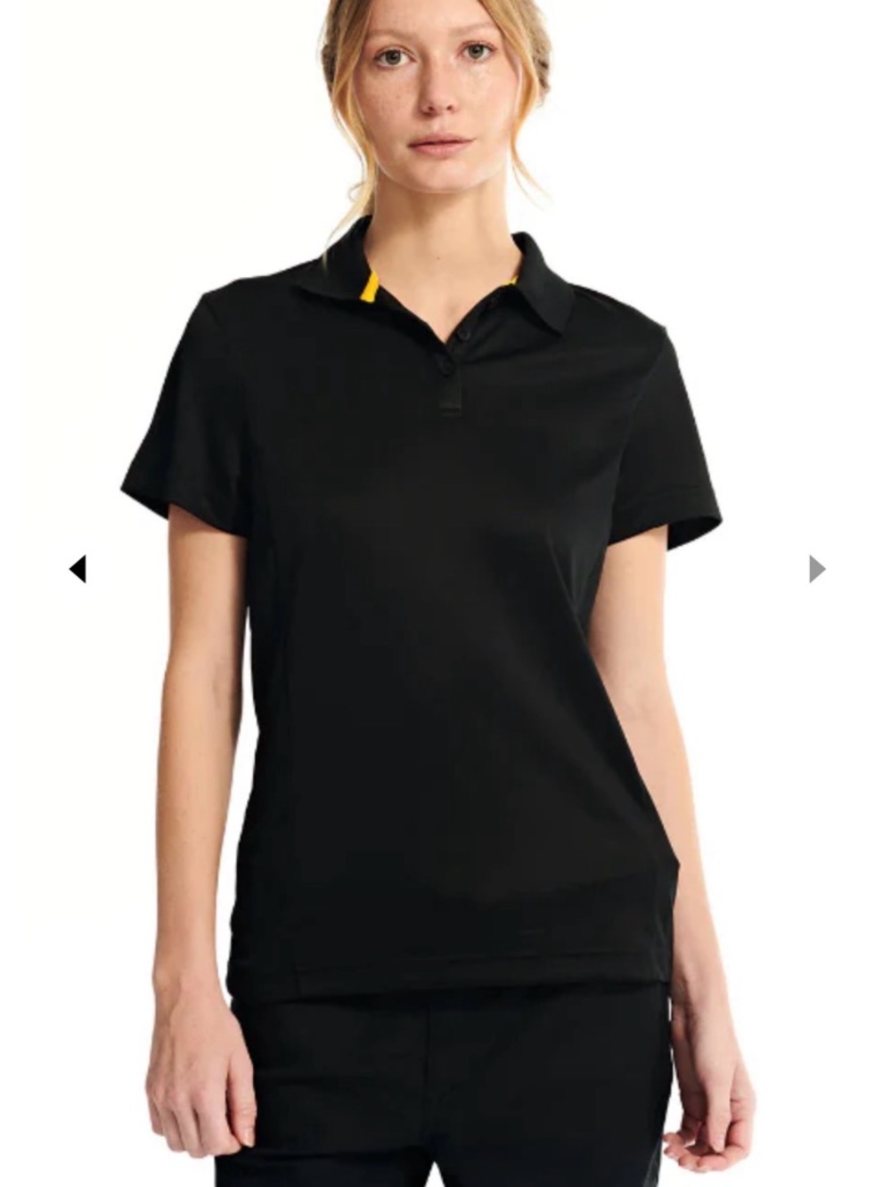 WOMEN'S TECH COOLMAX POLO Caterpillar Black Polo Top with Yellow Collar Accent